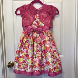 Multicolor floral dress with crocheted cardigan